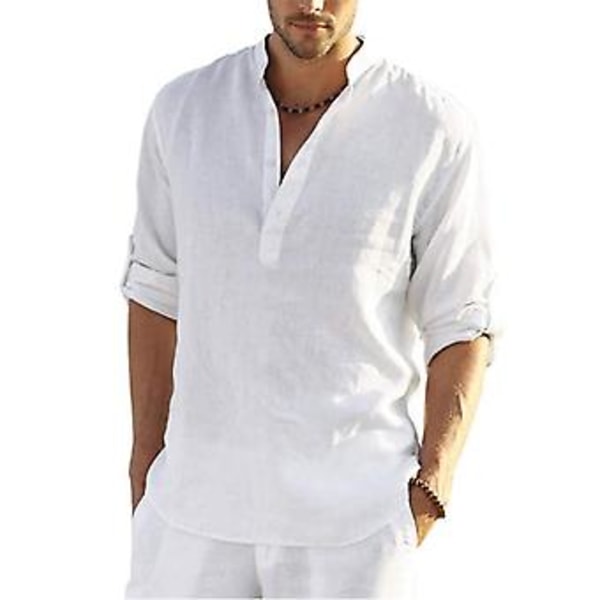 Ny Herre Casual Bluse Bomullslin Skjorte Løse Topper Lang Erme Tee Skjorte Vår Høst Casual Stilig Menn Skjorter L 70-80 KG Hvit