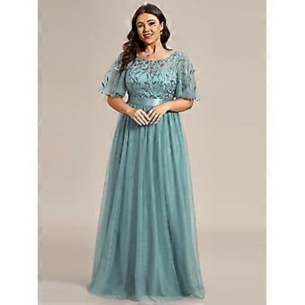 Ever-Pretty Dame Plus Size Sequin Broderi A-Linje Kortærmet Bryllupsgæstekjole (4XL månesten blå)