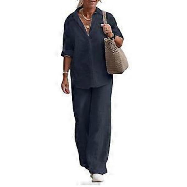 1 Set Trendiga Dam Casual Skjorta Byxor Kläder Plus Size Bomull Linne Topp Vida Ben Byxor Lös Outfit Pendling (4XL mörkblå)