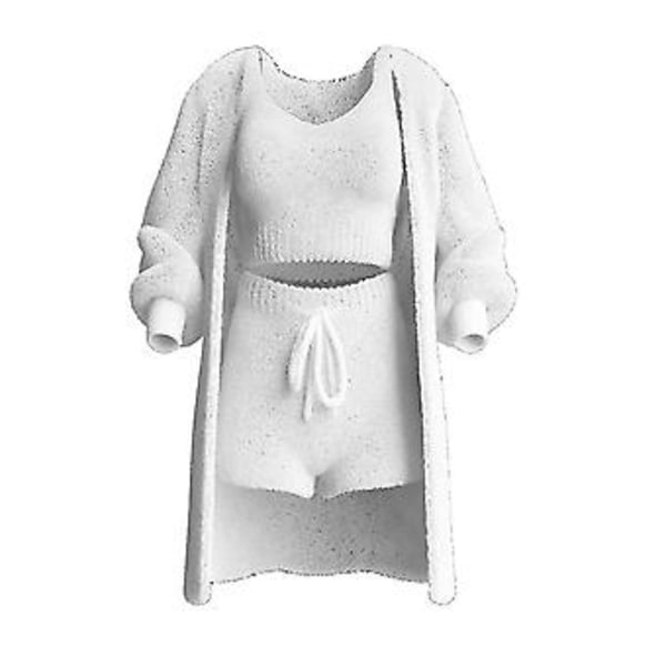 Mukava 3-osainen neulottu setti naisille - Lämmin ja seksikäs pörröinen fleece-pyjama S valkoinen