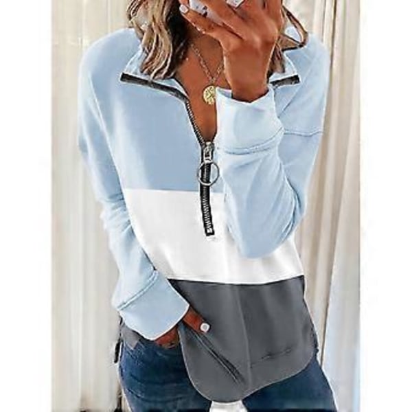 Dam Halv Dragkedja Revers Sweatshirt Casual Långärmad Lös Pullover Topp för Daglig Användning Blå S