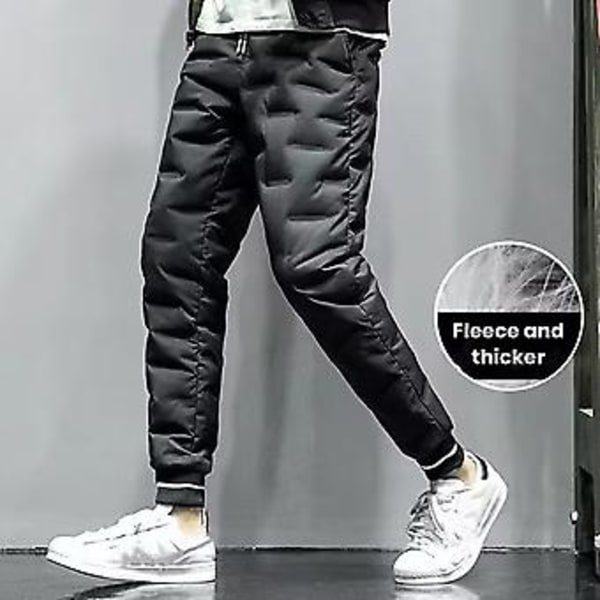 Høst- og vinterdunbukser med elastisk midje og snor, ensfarget, tykke, varme bukser, vindtette, snøvarme bomullsbukser (XL svart)
