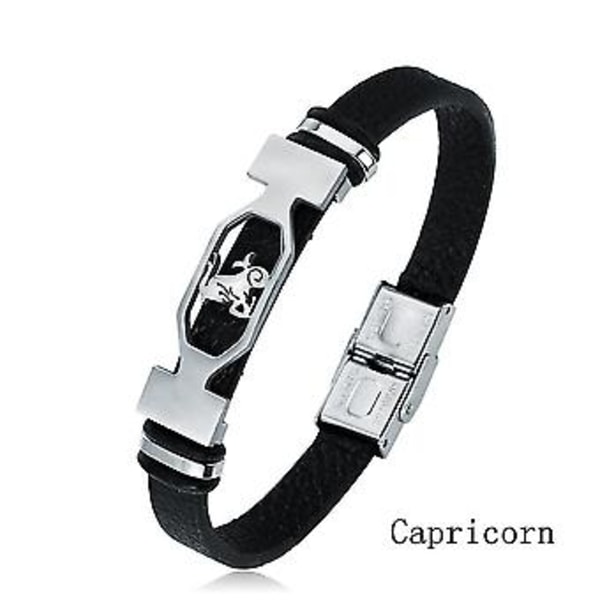 12 Konstellation Rostfritt Stål Manschettarmband Män Kvinnor Zodiac Sign Svart Läder Wrap Armband Smycken Pulseras Hombre (Stenbock)