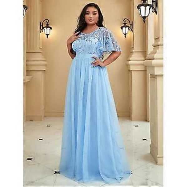 Ever-Pretty Dame Plus Size Sequin Broderi A-Linje Kortærmet Bryllupsgæstekjole (6XL himmelblå)