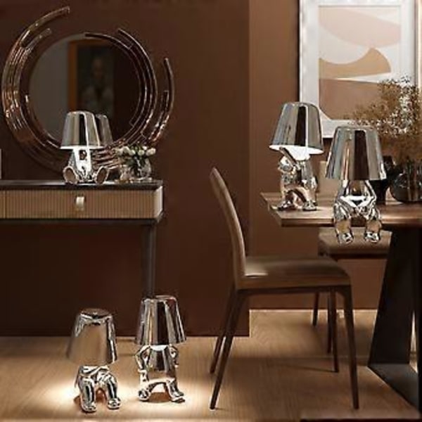 Thinker Karakter Dekor Bordlampe Kreativ Lille Guldfigur Led Bordlampe Berøringsstyret Dæmpbar Jern Harpiks Skrivebordslampe (Mr WHY Sølv)