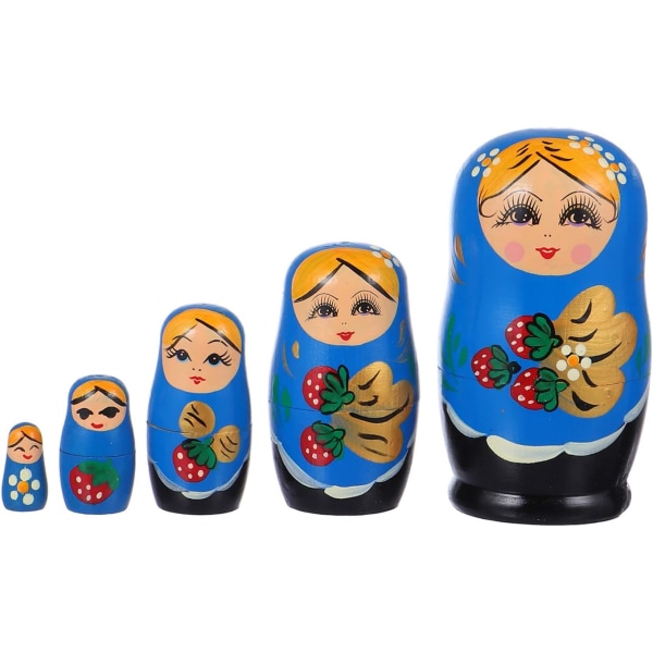 Blue Strawberry Wooden Russian Nesting Dolls 5Pcs Dolls Wooden Do