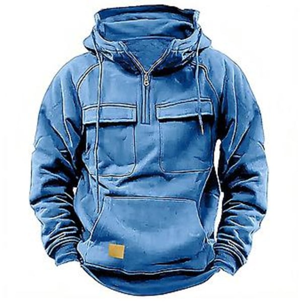 Mænd Efterår Vinter Hoodie Snøretræk Solid Farve Løse Lommer Langærmet Stor Patch Lomme Halv Lynlås Elastisk Manchet Mænd Trøje (3XL Sort)