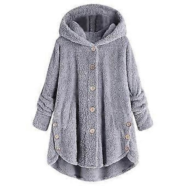 Damjacka Mode Knappar Fluffig Ull Huvjacka Lös Vinter Värme Plus Storlek (XL Ljusgrå)