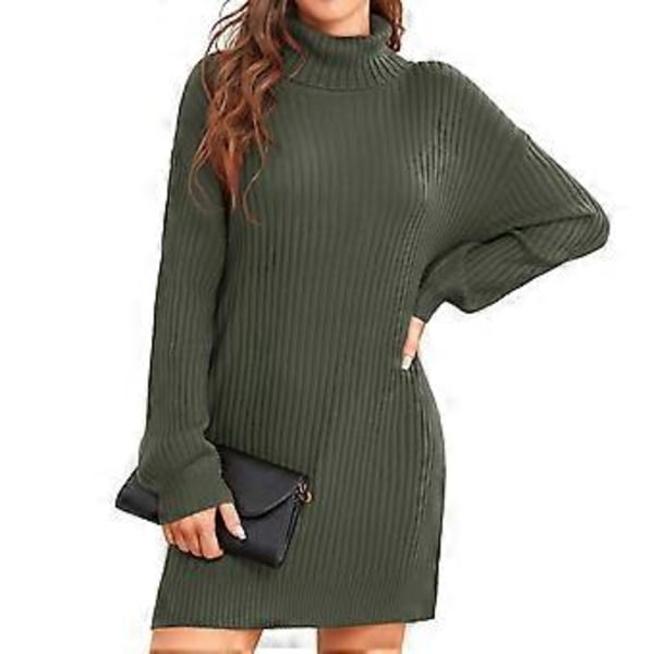 Kvinnors Turtleneck Stickad Klänning Höst Vinter Casual Lös Lång Puffärm Ribbstickad Pullover Klänning (XS OD Grön)