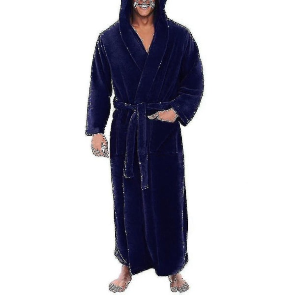 2023-mens Fleece Hooded Long Soft Bathrobe-1 Blue XL
