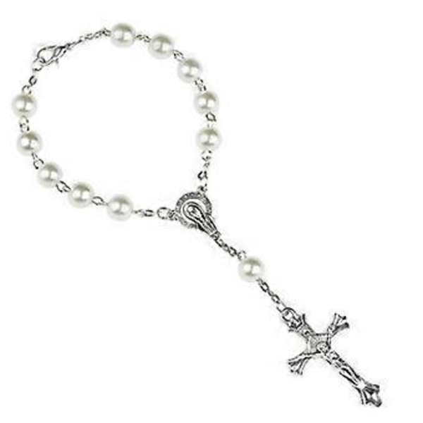 White Faux Pearl Catholic Rosary Bracelet, Christ Cross, Jesus, Our Lady, Crucifix, Divine Mercy Gift