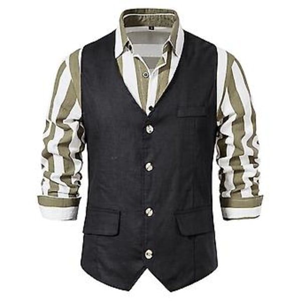 Retro Herre Solid V-hals Casual Enkeltknappet Suit Vest Forretning Formel Kontor Vest Med Lommer (S Sort)