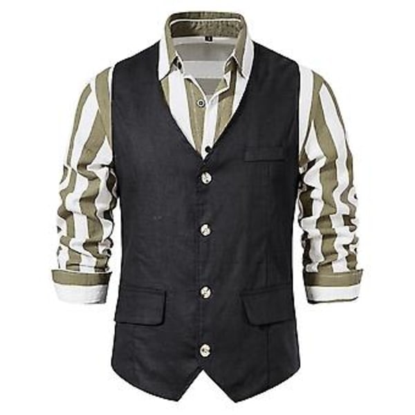 Retro Men's Solid V-neck Casual Single Breasted Suit Vest Business Formal Office Waistcoat With Pockets(L Black)