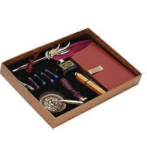 Dopp Kalligrafipenna Set Fjäder Bläckbehållare Fyllningspenna Presentförpackning Kit med Lackstämpel VerktygSP139006 Vinröd