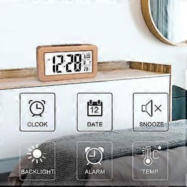 Lättinställd Digital Väckarklocka i Trä med Temperatur, Datum, Bakgrundsbelysning, Snooze, för Sovrum, Sängbord, Hem, Kontor, Tyst