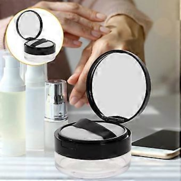 Bärbar Tom Puderdosa Spegel Lös Puderbehållare Makeup-fodral med Puderpuff (Svart)