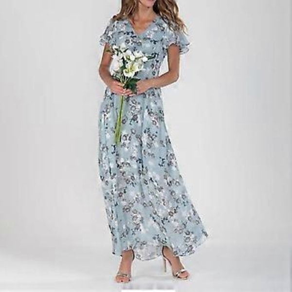 Maxiklänning med V-ringning, volangärm, åtsittande midja, hög midja, böljande fåll, sött blommönster, chiffongklänning för kvinnor (L sjöblå)