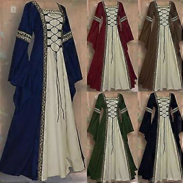 Dame Middelalder Retro Hof Prinsesse Cosplay Kostume Lang Kjole Elegant Heks (M Mørkeblå)