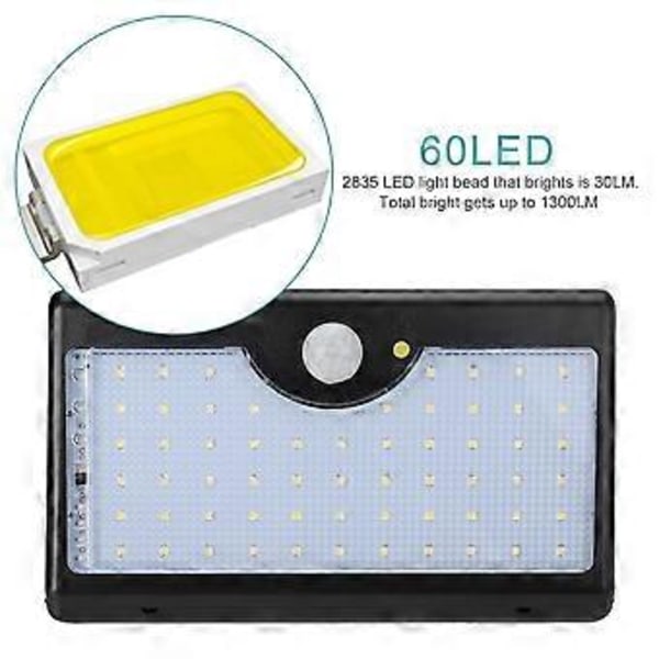 Fjärrkontroll Solcellsdriven Lampa 60 LED Induktions Vägglampa (Svart Skal, Varmt Ljus)