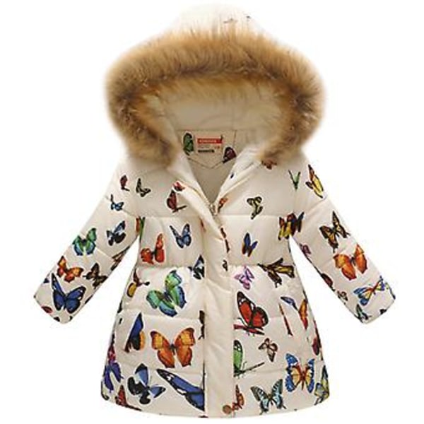 4-11 År Pige Faux Fur Krave Hætte Parka Frakke Vinter Lynlås Jakke (9-10 År Hvid Sommerfugl)