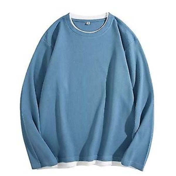 Mænd T-shirt Falsk Todelt Langærmet Rundhals Streetwear Forår Efterår Løstsiddende Waffle Sweatshirt (2XL Blå)