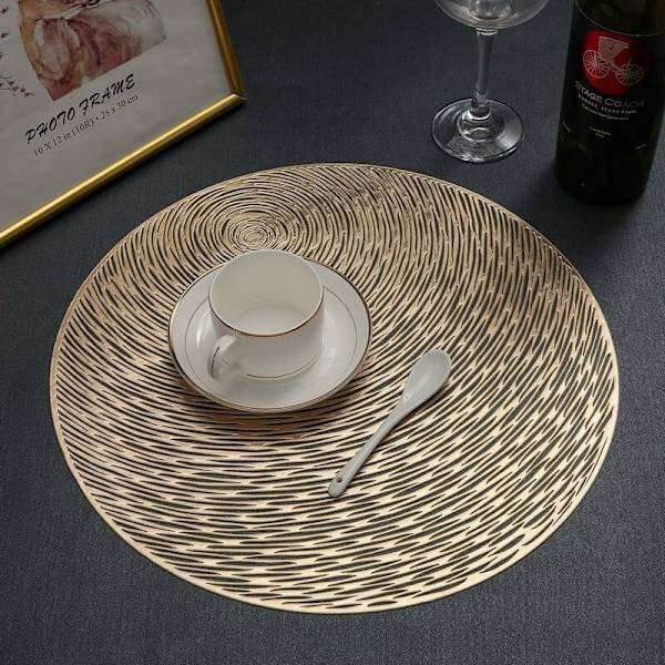 Guld set med 6 tvättbara PVC-bordsunderlägg, runda vinyl, jul, ons