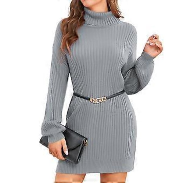 Kvinnors Turtleneck Stickad Klänning Höst Vinter Casual Lös Lång Puffärm Ribbstickad Pullover Klänning (S Ljusgrå)