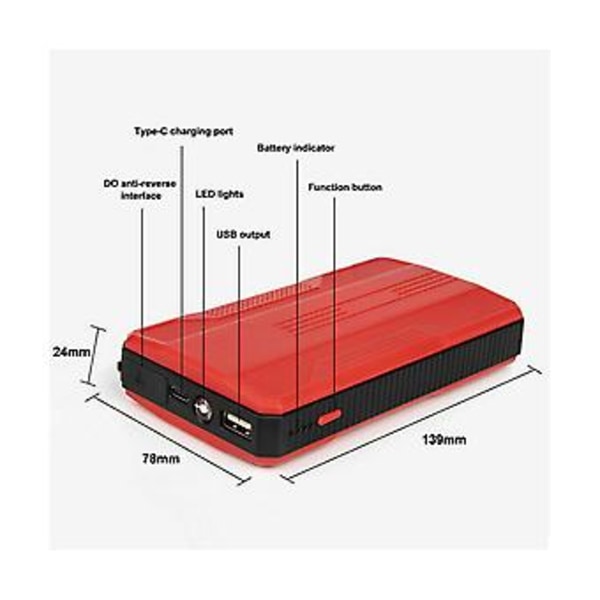 Rød Bil Jump Starter Batteriopladning Udstyr Bil Power Bank Bil Nødstrøm Bil Nødstrøm