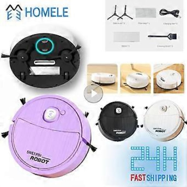 Automatisk Robotdammsugare USB 3-i-1 Smart Trådlös Sopning Vått & Torrt Ultratunn Städmaskin Moppning Smart Hem (Ljus Lila)