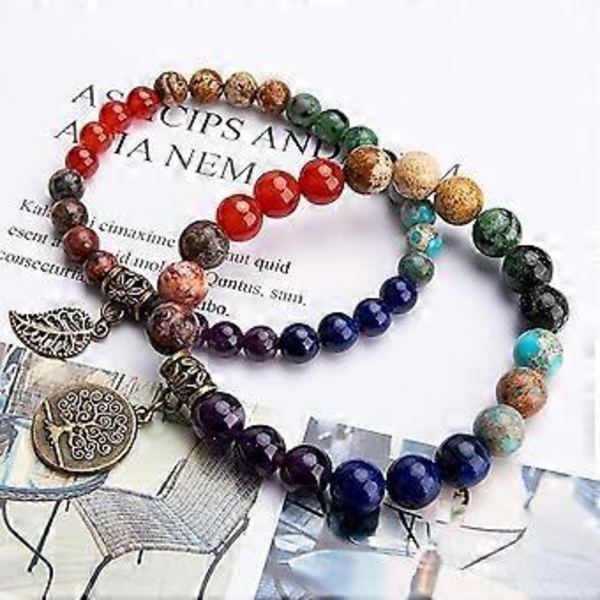 Naturligt halvädelstenar armband för kvinnor - Livets träd och blad charm energi healing Reiki kristall stretch armband