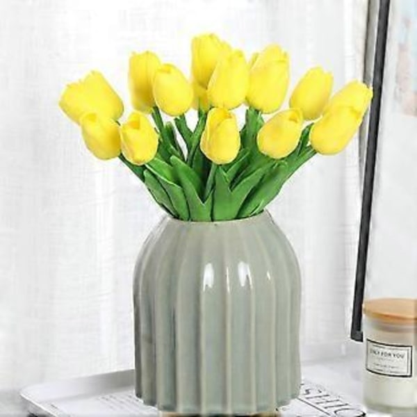 Verklighetstrogna konstgjorda blommor i naturlig storlek, sammetslen textur latex tulpaner för bröllopsbukett heminredning (Gul, 10 st)