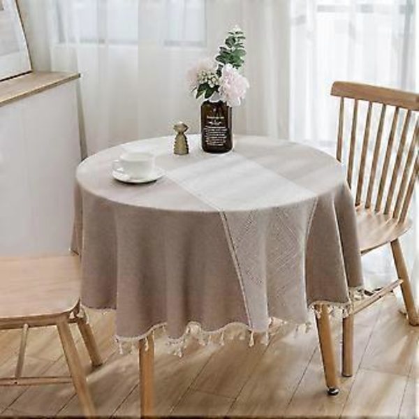 Runt bordduk med ränder i lantlig stil, rund, med fransar, geometrisk jacquard, dammskyddande, för kök, matsal, bordsprydnader (kaffe, diameter