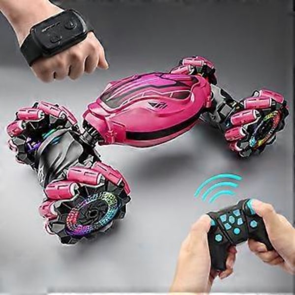 RC Stunt Bil Legetøj Til 6-12 Årige Børn 4WD Fjernstyret Bil Med Ur-controller - Gestussensor Roterende RC Bil Med Lys Musik (Pink)