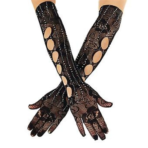 Dam Rhinestone Fishnet Långa Handskar Operahandskar Goth Långa Handskar Armbågshandskar