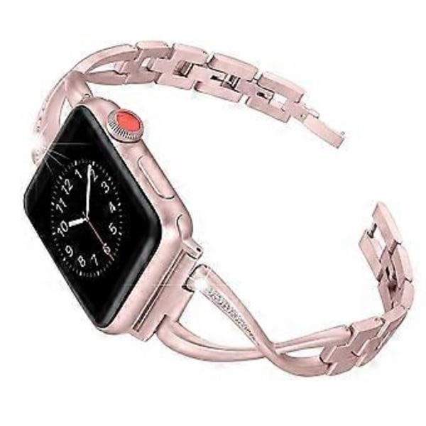 Strap Compatible with QC8045 For Apple Watch Metal X-shaped Diamond Strap-Rose Pink 42MM