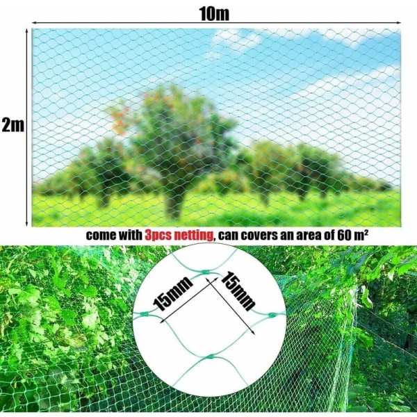 3 delar Fågelnät 2m x 10m Trädgårdsväxtnät Fruktträdnät för vin Grönsaker Blommor Växter Staket (grönt) - Longziming