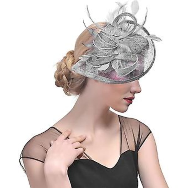 Fascinatorer för Kvinnor Bröllopsfascinator Hatt Blomma Nät Fjäder Hårband QE-Grå
