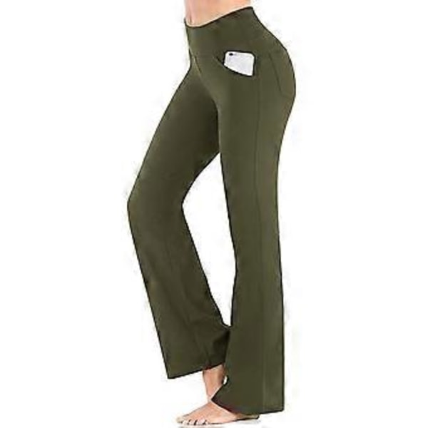 Dame Fit & Flare Plain Bukser Bløde Åndbare Casual Lange Bukser Høj Talje Sommer Elastisk Talje Knapper (M Grøn)