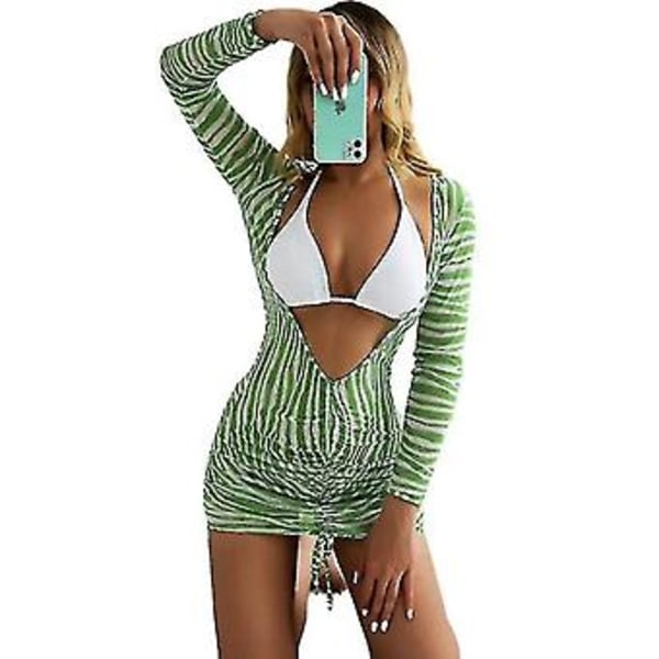 Dam 3-delad Baddräkt Tie Dye Halter Bikini Set Med Långärmad Strandöverdel Grönrandig (M)