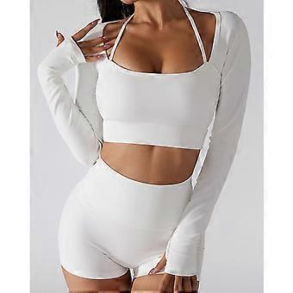 Yogatopp för kvinnor, Fitness, Rundhalsad, Halter, Långärmad, Tumhål, Träningskläder, Sportkläder med bröstkudde (L Vit)