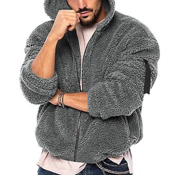 Herrar Höst Vinter Jacka Tjock Dubbelsidig Fleece Enfärgad Huva Lös Dragkedja Mjuk Långärmad Fickor Kalla Resistent Jacka (L Mörkgrå)