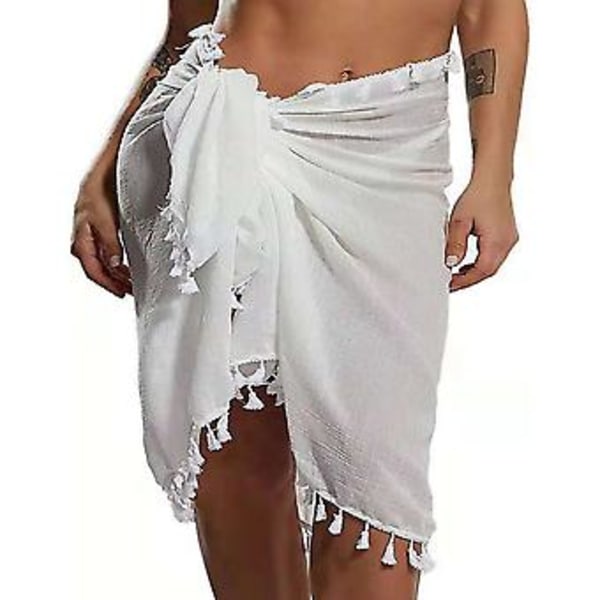 Damernas Sommar-Sarong med fransar, Badkläder, Genomskinlig Wrap, Baddräkt, Kjolar, Strandbikini, Cover Up, Badkläder (Vit)
