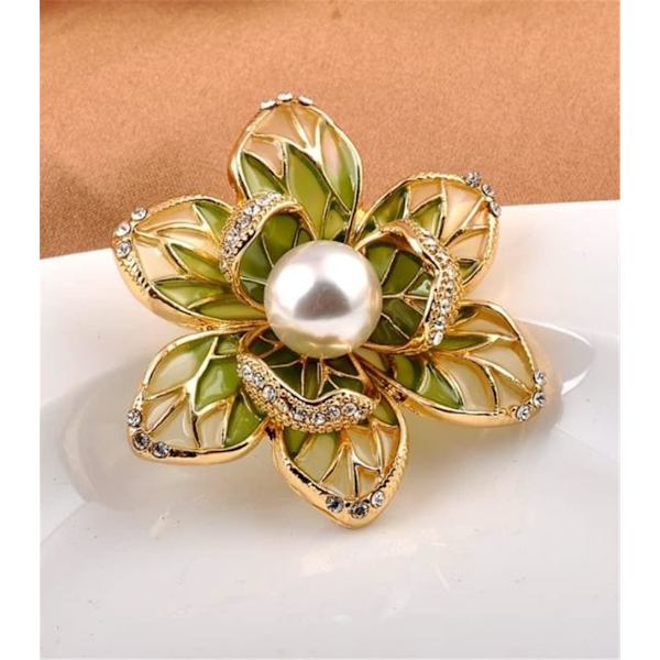 Vårgrön blomma brosch pin skelett kristall strass kronblad utsökt konst brosch för kvinnor pärla brosch guld elegant