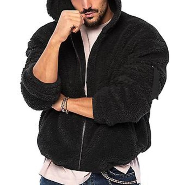 Mænd Efterår Vinter Frakke Tyk Dobbeltsidet Fleece Ensfarvet Hætte Løstsiddende Lynlås Blød Langærmet Lommer Kuldebestandig Jakke (3XL Sort)