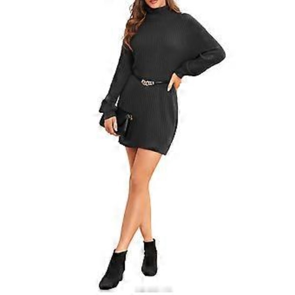 Kvinnors Turtleneck Stickad Klänning Höst Vinter Casual Lös Lång Puffärm Ribbstickad Pullover Klänning (S Svart)