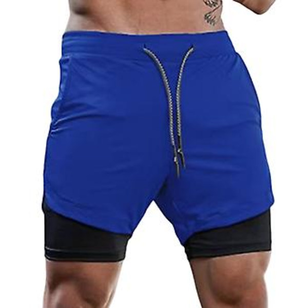 Mænds Løbeshorts Casual Udendørs Løse Multi-lomme Dobbeltlags Fitness Shorts til Fitness (L 858 Royal Blå)