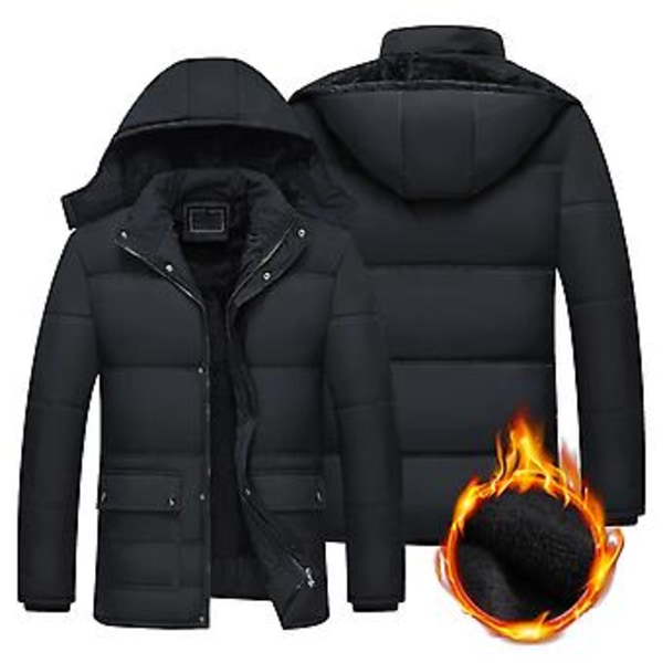 Huvtröja med fleecefoder, ståkrage, långa ärmar, fickor, knappar, dragkedja, herrjacka, vinter, tjock, bomullsstoppad, medellång, huva (5XL)