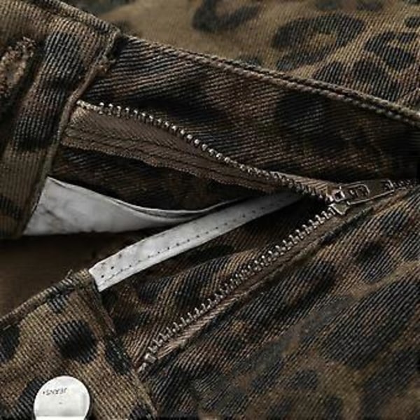 Dame Leopard Trykte Jeansbukser Streetwear Bunn Rett Ben Denim Løse Bukser (S)