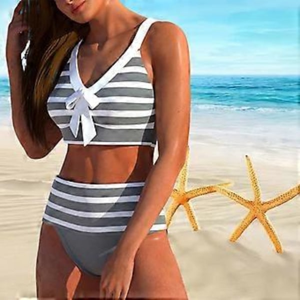 Axelband Baddräkt för Kvinnor med Grå Vitrandigt Tryck Bikini Kort Tank Top Baddräkt (2XL blå)