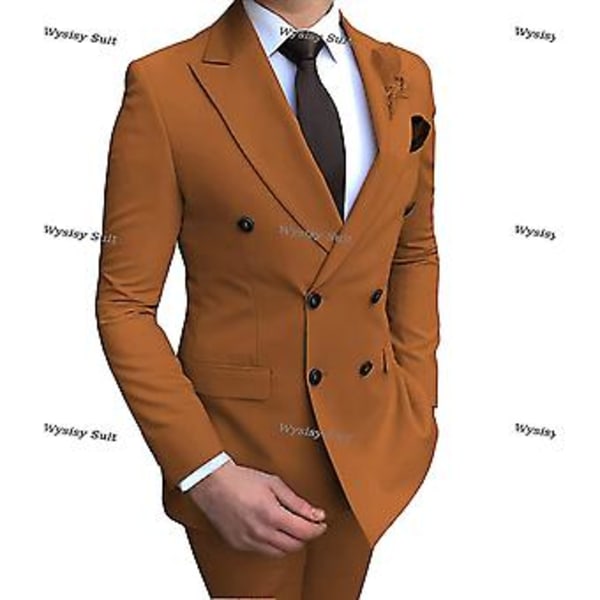 Herre Dobbeltbrystet Blazer Sæt 2 Dele Slim Fit Bryllup Brudgom Smoking Peak Lapel Formelle Prom Suits (42 Brun)